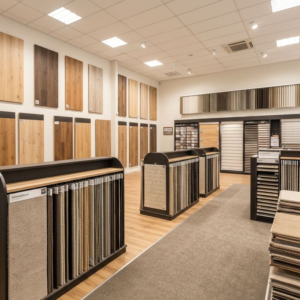 Interior of the Bridgetown Flooring and Blinds showroom displaying carpet, flooring and blind samples