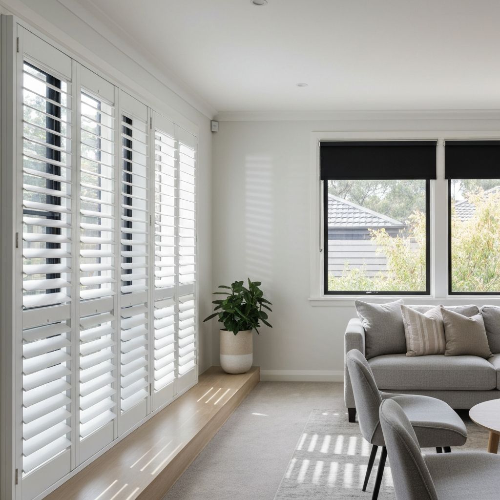 Elegant white plantation shutters and roller blinds on large windows