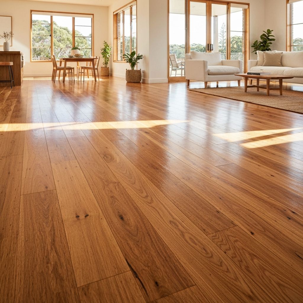 Rich warm hardwood timber flooring planks installed in a modern home