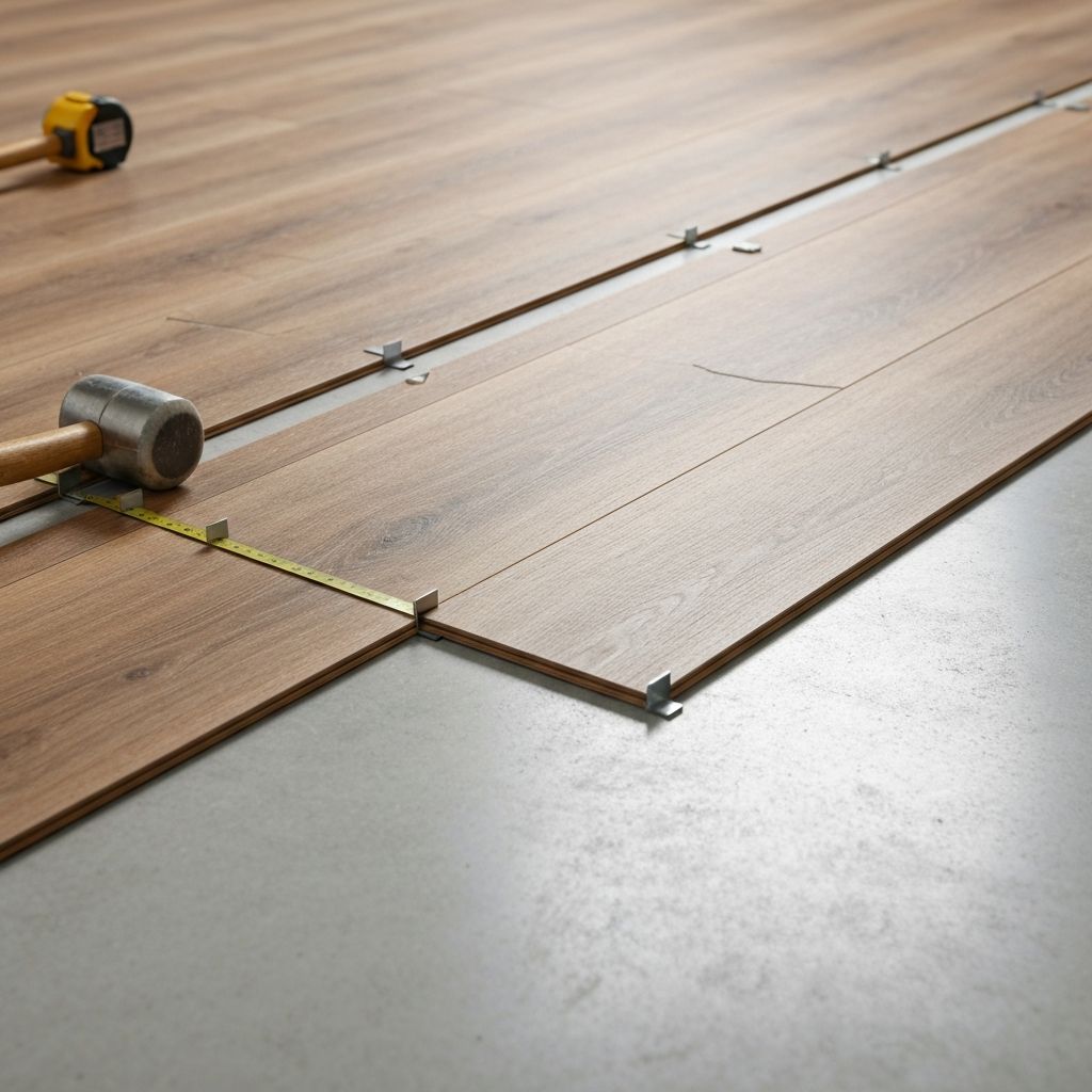 Flooring installation in progress with laminate planks being laid precisely